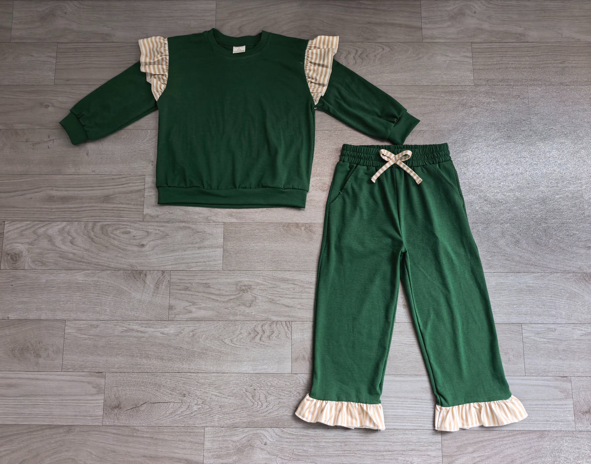( No moq ) Preorder Baby Girls Kids Long Sleeves Ruffle Tops Pockets Pants Cotton Set Green Clothes
