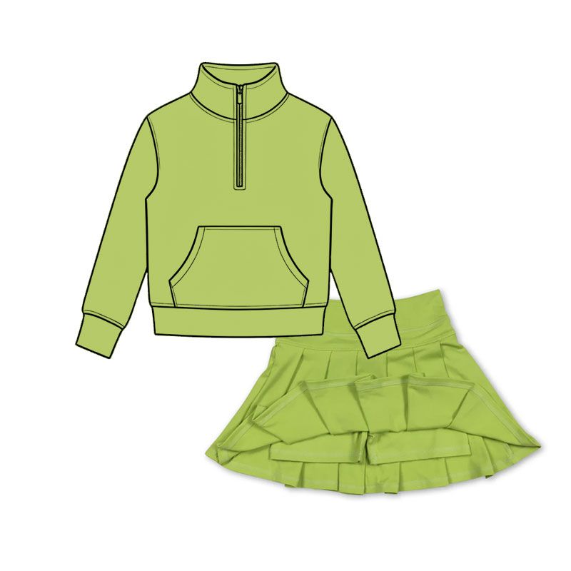 ( Moq 5 ) Preorder Baby Girls Kids Green Pocket Zipper Shirt Skirt Shorts Yoga Active Set Clothes