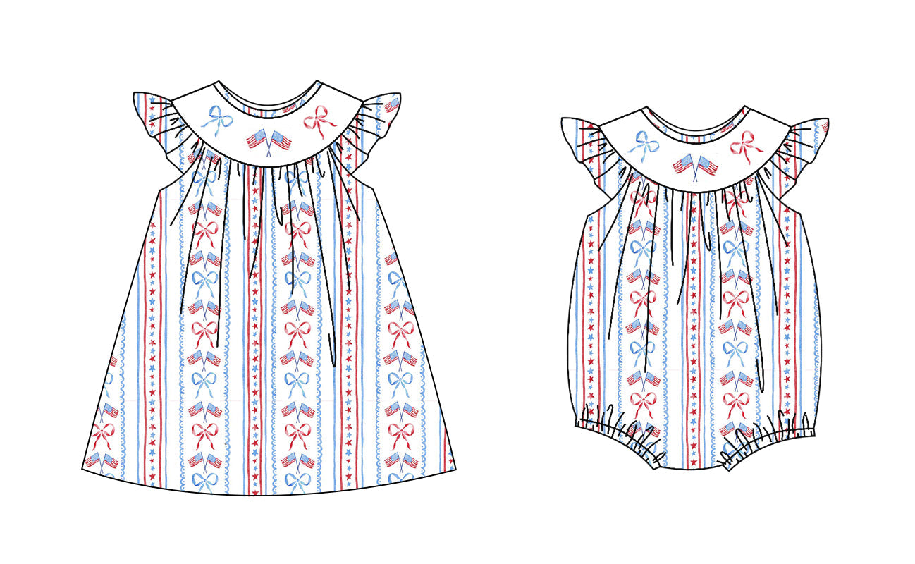 Baby Girl July 4th Bows Flags Sibling Romper Dress ( Moq 5 Each Style ) 1.20