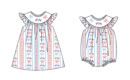 Baby Girl July 4th Bows Flags Sibling Romper Dress ( Moq 5 Each Style ) 1.20