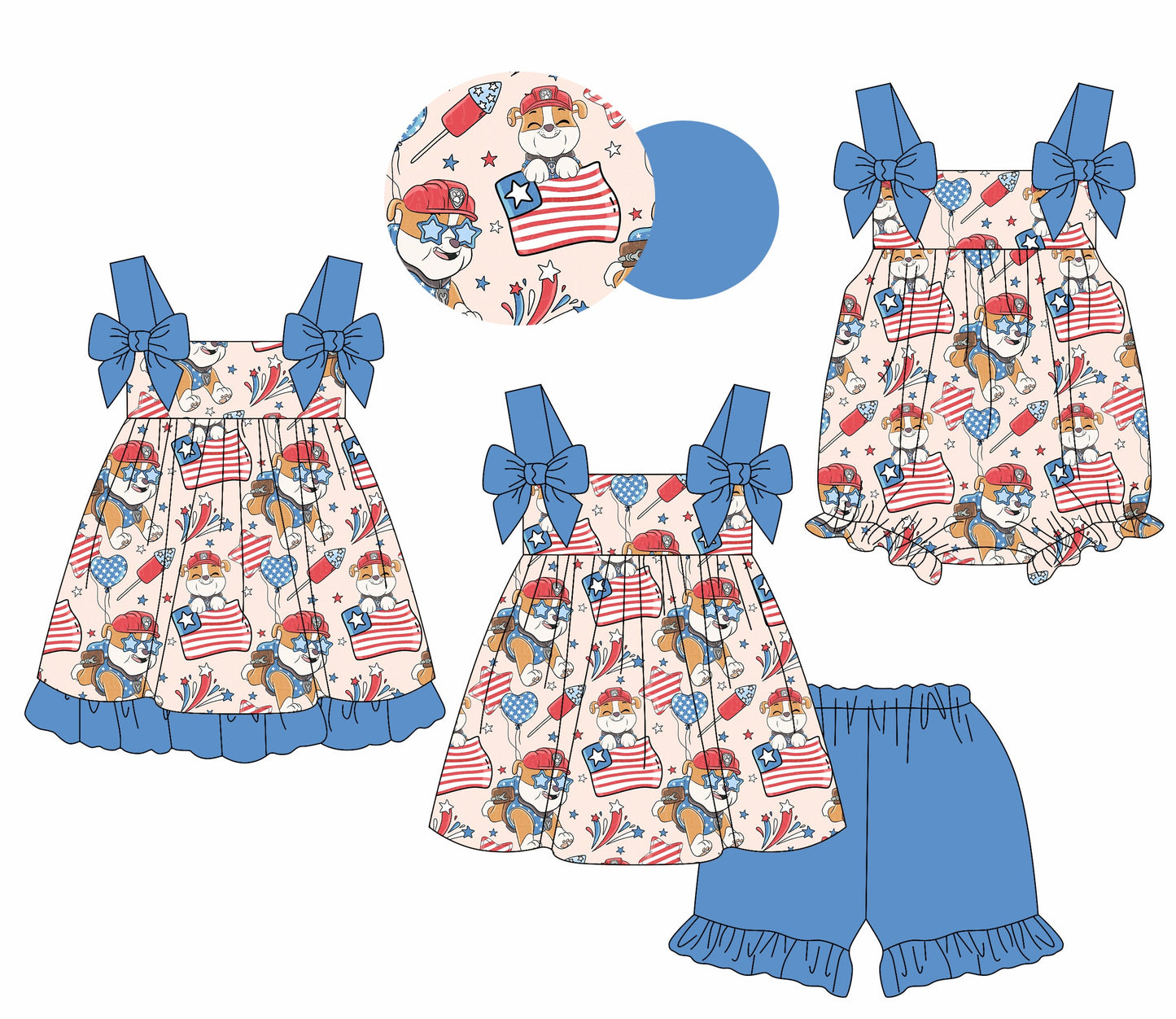 Baby Girl Dogs Flags July 4th Sibling Romper Dress Set ( Moq 5 Each Style ) 1.18