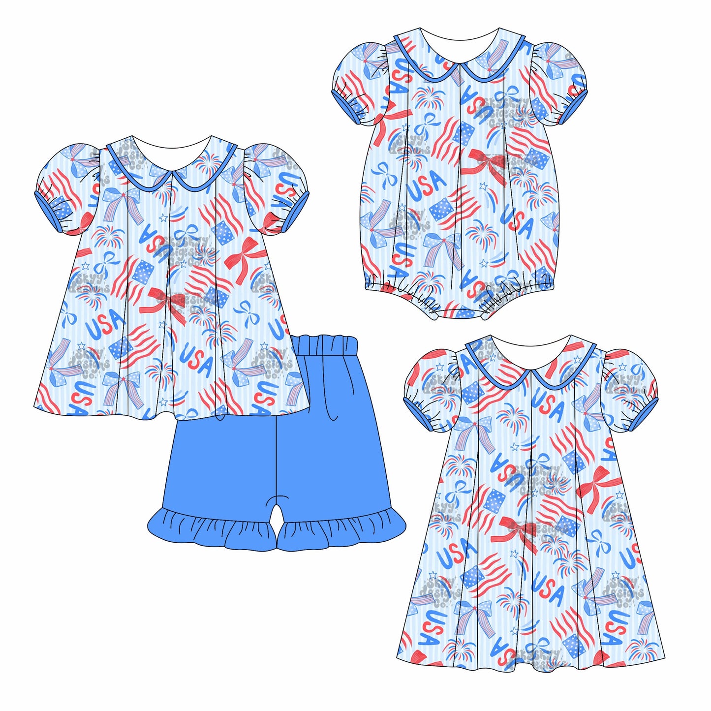 ( Moq 5 Each Style ) Baby Girl Short Sleeves Bows Flags 4th Of July Sibling Romper Dress Set 3.24