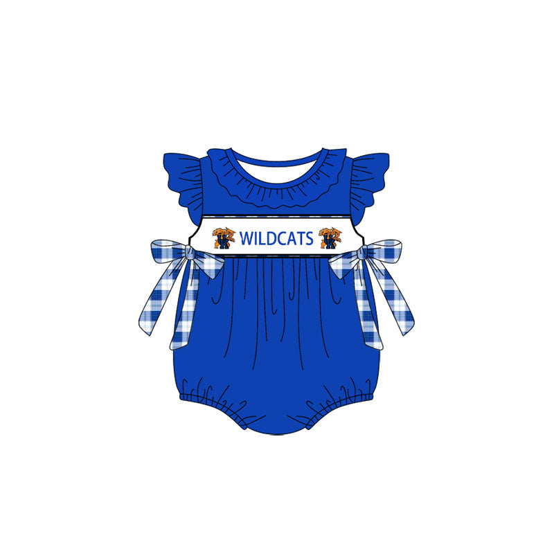 Baby Girl Infant Short Sleeves Tiger Team Checked Bows Blue Bubble Romper (Moq 5 )