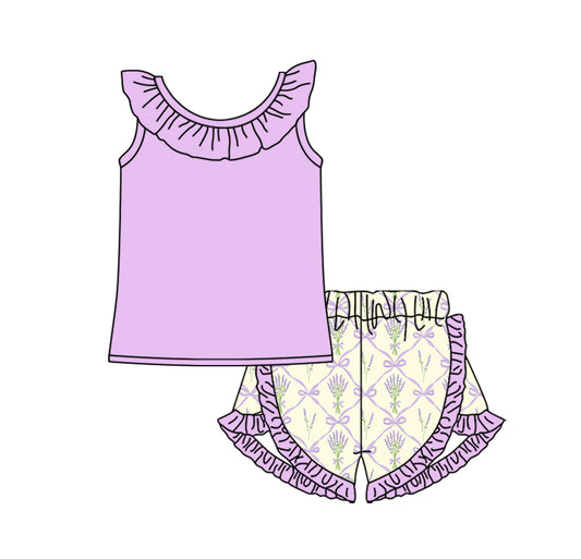 Baby Girl Purple Cotton Shirt Flower Bows Shorts Clothes Set Moq 5