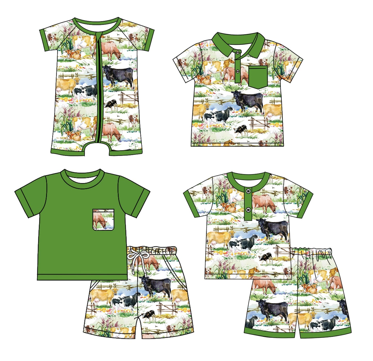 Baby Boy Short Sleeves Farm Cow Green Sibling Romper Shirt Set ( Moq 5 Each Style ) 3.19