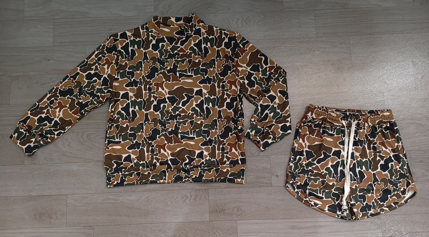 ( No moq ) Preorder Adult Women Long Sleeves Brown Camo Shirt Pockets Shorts Yoga Active Set Clothes