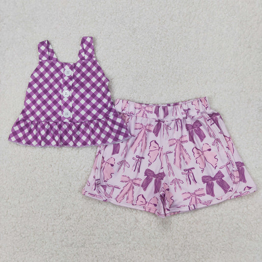 Baby Girl Straps Purple Checkered Tops Bows Shorts Clothes Set RTS