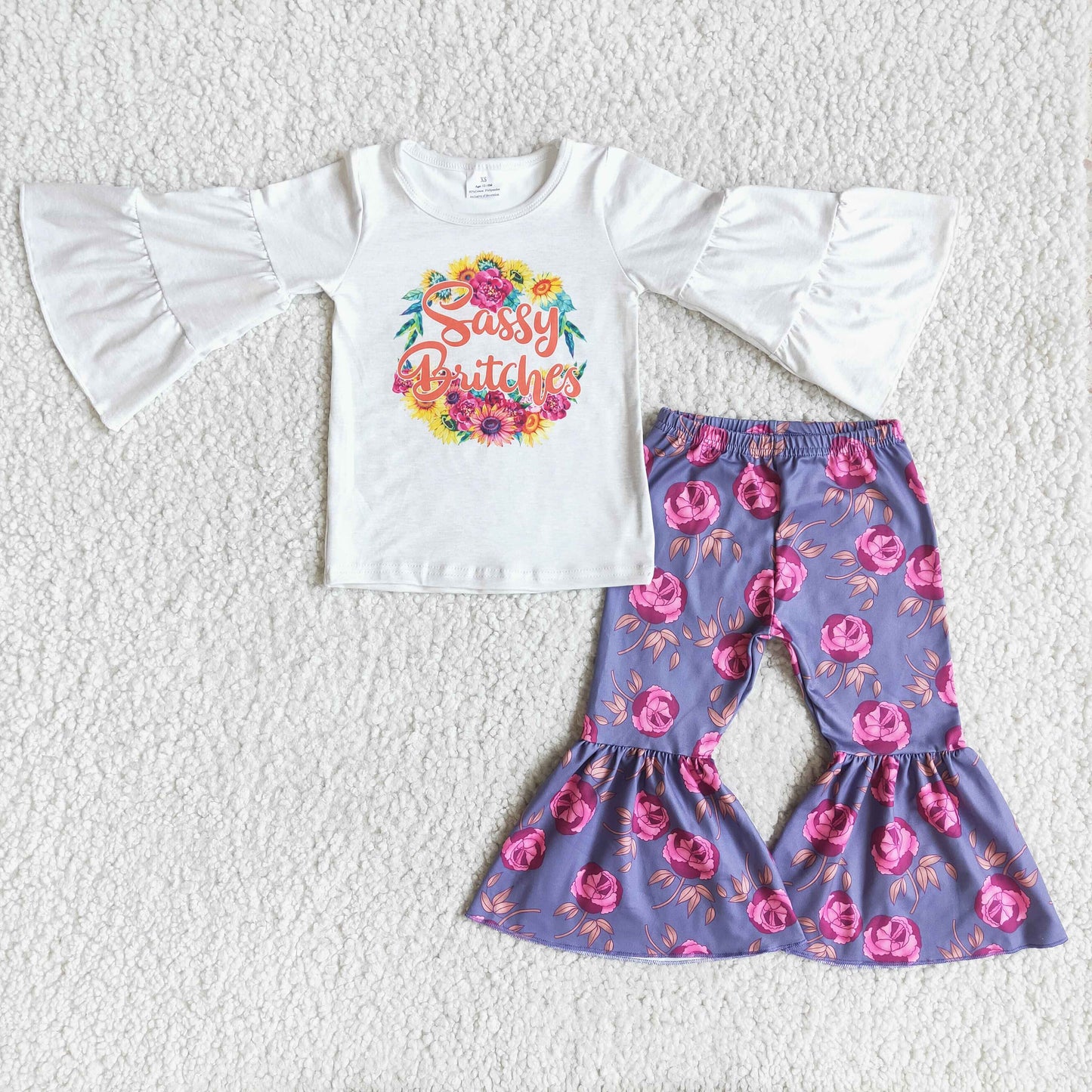 Promotion Baby Girl Long Sleeves Sassy White Tops Flower Bell Pants Outfit