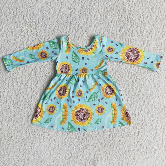 Promotion Baby Girl Long Sleeves Sunflower Green Dress RTS