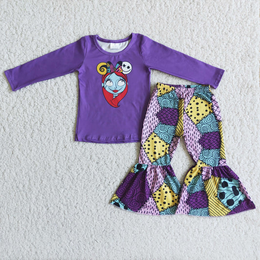 Promotion Baby Girl Long Sleeves Halloween Purple Bell Pants Outfit RTS