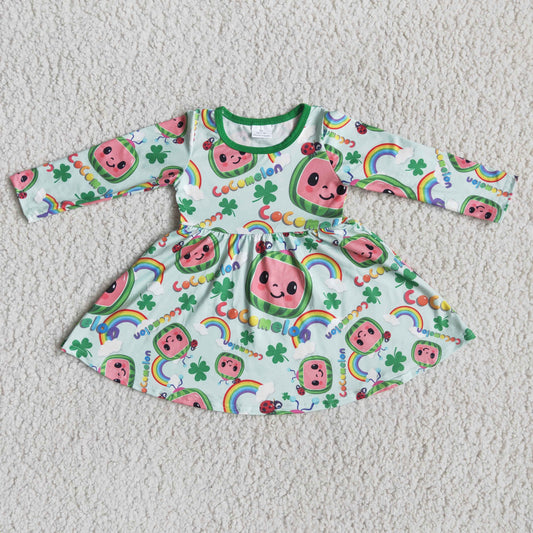 Promotion St. Patrick's Day Baby Girl Green Melon long Sleeves Twirl Dress