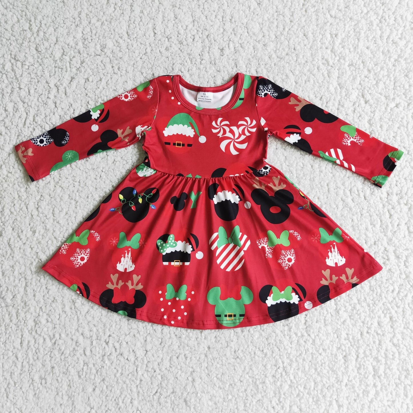 Promotion Baby Baby Girl Christmas Long Sleeves Cartoon Red Twirl Dress RTS