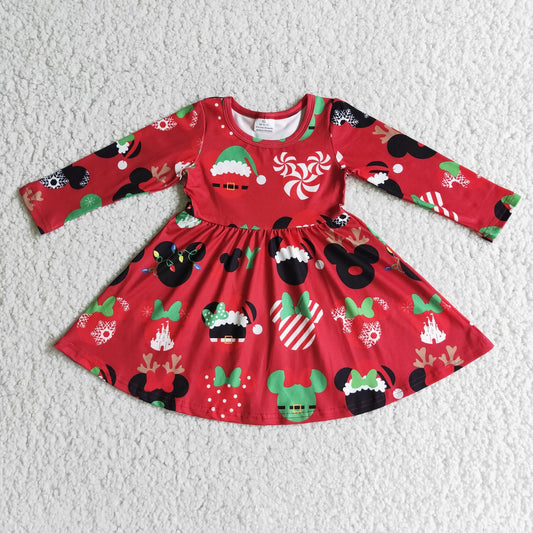 Promotion Baby Baby Girl Christmas Long Sleeves Cartoon Red Twirl Dress RTS