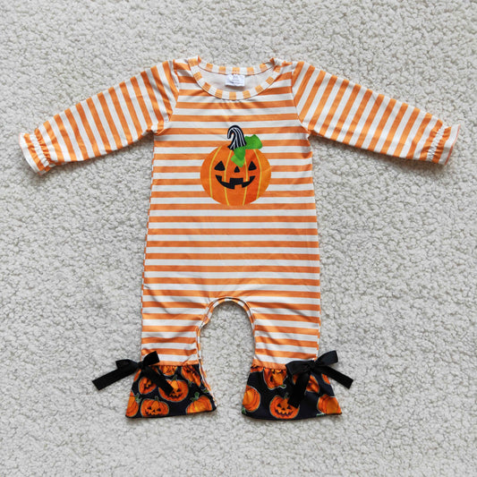 Promotion Baby Girl Halloween Pumpkin Stripes Romper RTS