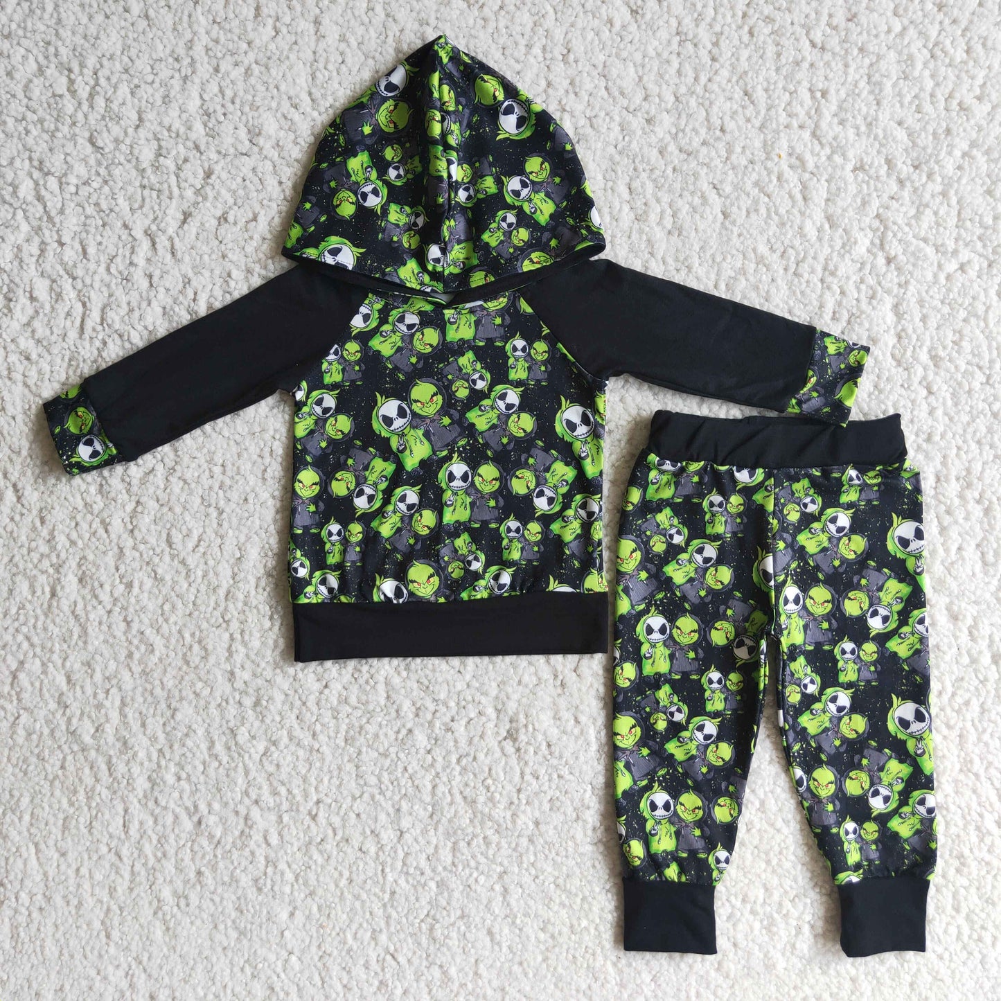 Promotion Halloween Baby Boy Green Long Sleeves Pants Hoodie Outfit RTS