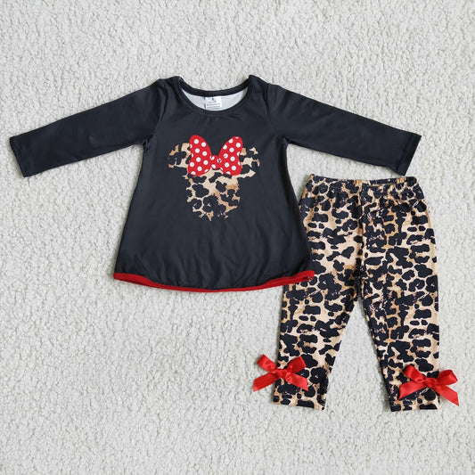 Promotion Baby Girl Long Sleeves Mouse Leopard Pants Outfit RTS