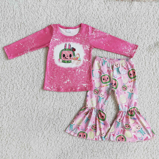 Promotion Baby Girl Easter Long Sleeves Melon Shirt Eggs Bell Pants Set RTS