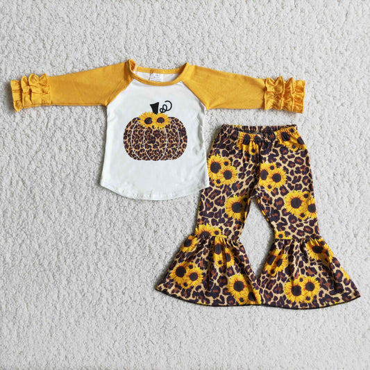 Promotion Baby Girl Leopard Pumpkin Sunflower Bell Pants Outfit RTS