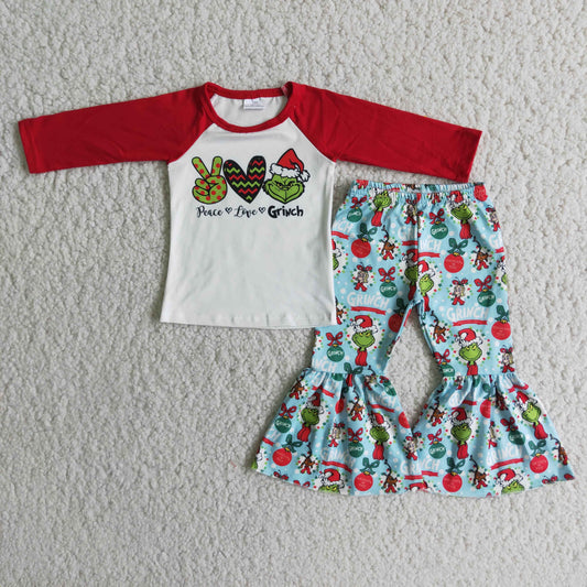 Promotion Baby Girl Long Sleeves Christmas Face Bell Pants Outfit RTS