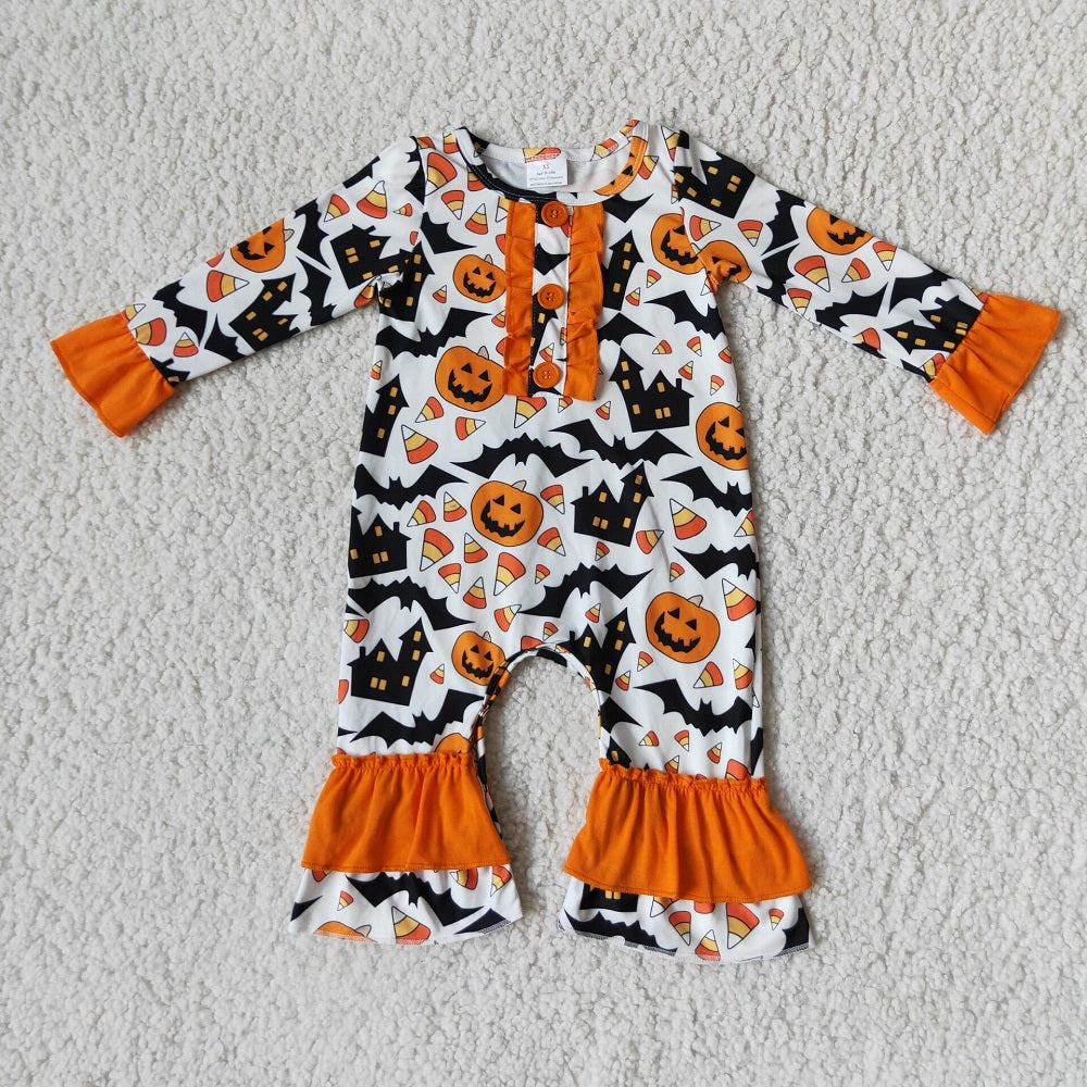 Promotion Baby Girl Halloween Pumpkin Candy Corn Romper RTS