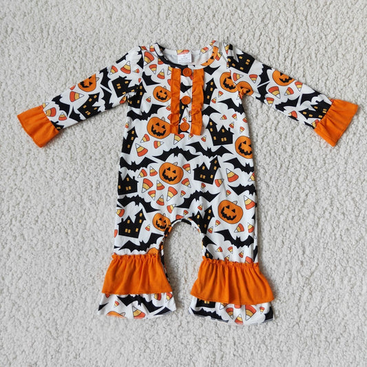 Promotion Baby Girl Halloween Pumpkin Candy Corn Romper RTS