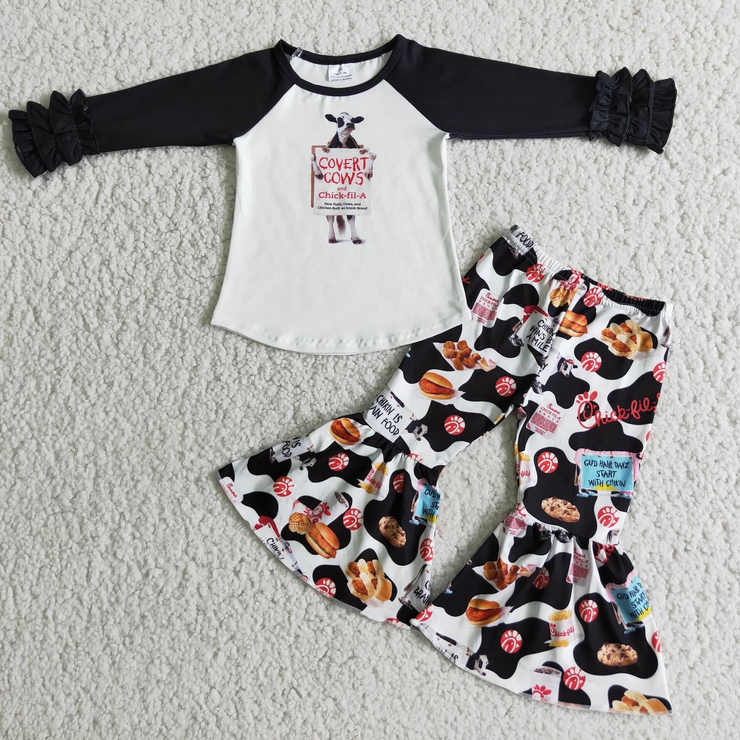 Promotion Baby Girl Cow Long Sleeves Bell Pants Set