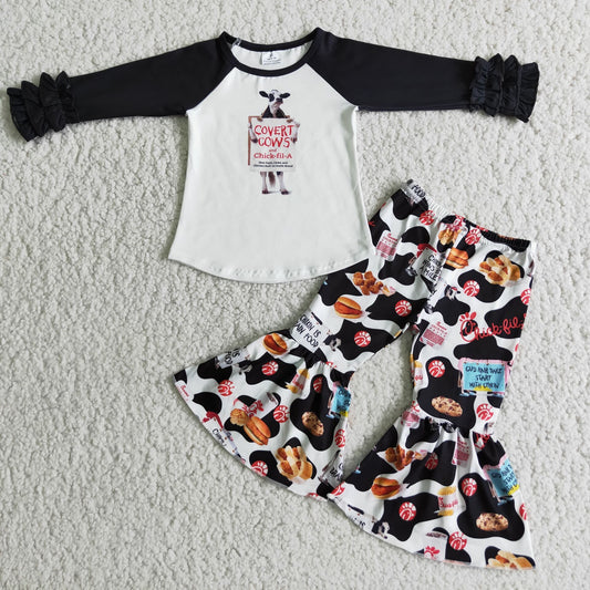 Promotion Baby Girl Cow Long Sleeves Bell Pants Set