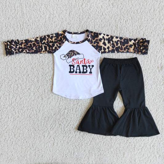 Promotion Baby Girl Leopard Christmas Black Cotton Pants Outfit RTS