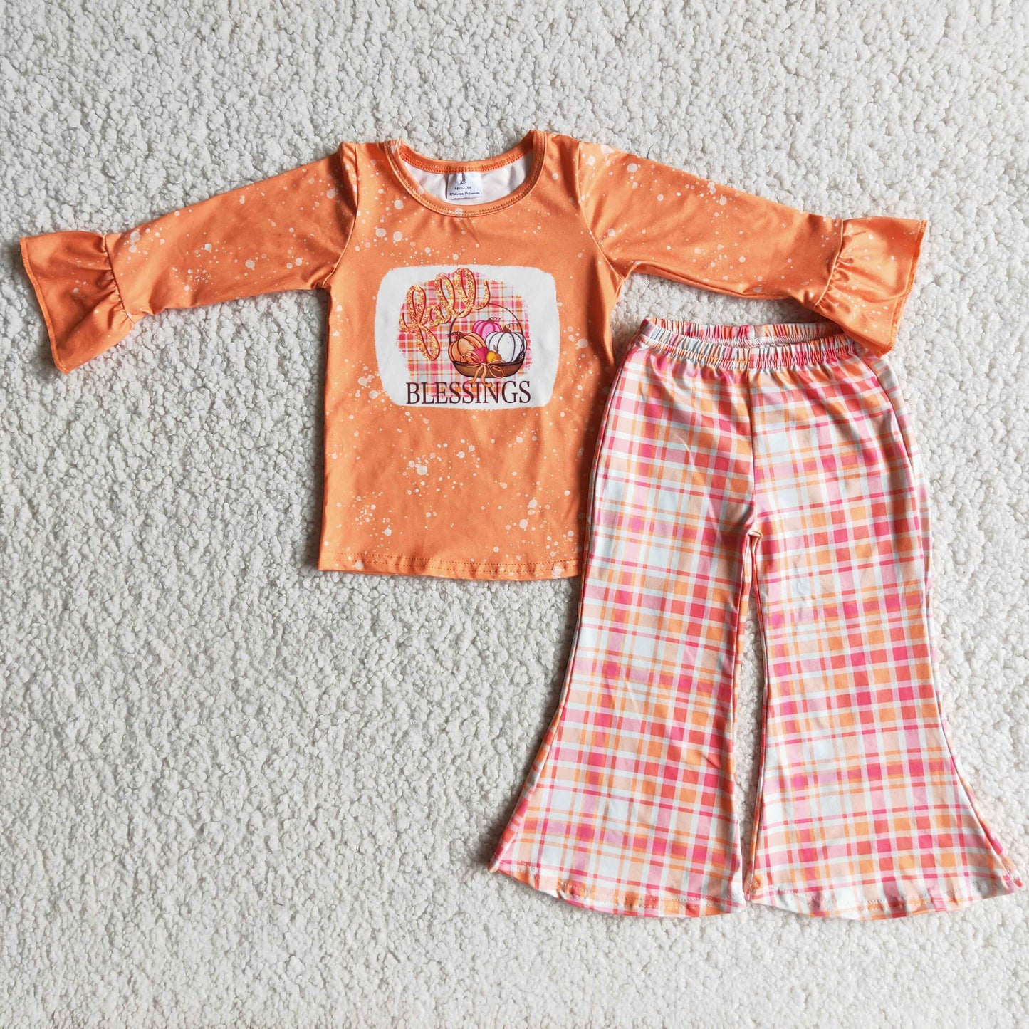 Promotion Baby Girl Long Sleeves Pumpkin Shirt Plaid Pants Outfit RTS