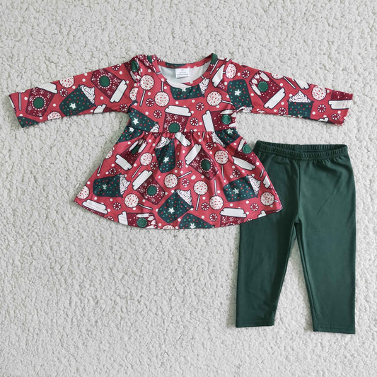 Promotion Baby Girl Long Sleeves Christmas Green Pants Outfit
