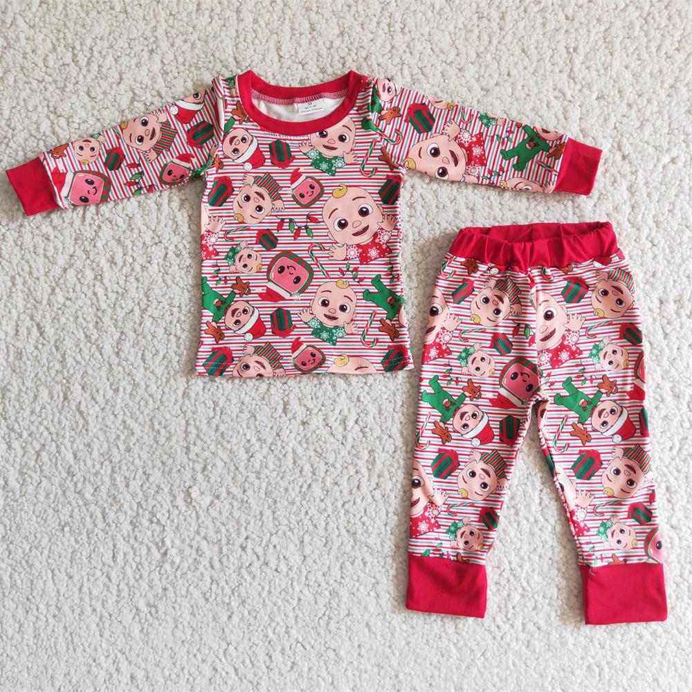 Promotion Christmas Baby Girl Long Sleeves Shirt Pants Melon Pajamas Outfit