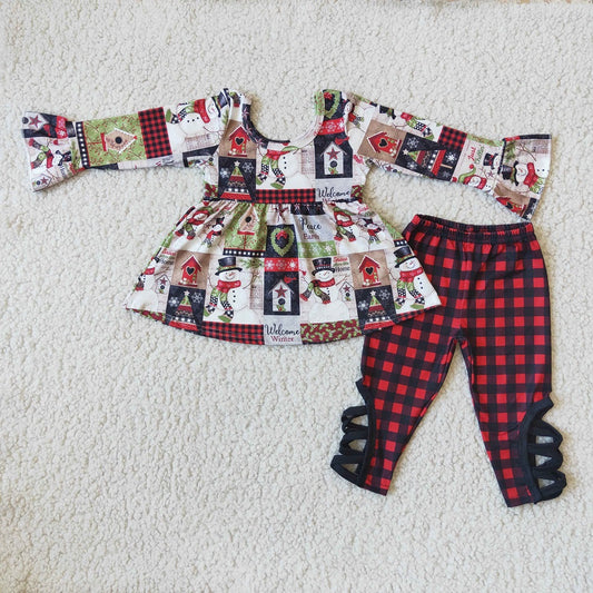 Promotion Christmas Baby Girl Long Sleeves Snowman Pants Outfit