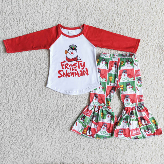 Promotion Baby Girl Christmas Long Sleeves Snowman Shirt Bell Pants Outfit
