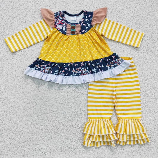 Promotion Baby Girl Long Sleeves Yellow Ruffle Pants Outfit