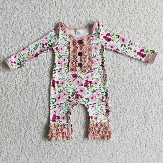 Promotion Baby Girls Long Sleeves Flower Pink Ruffle Romper RTS