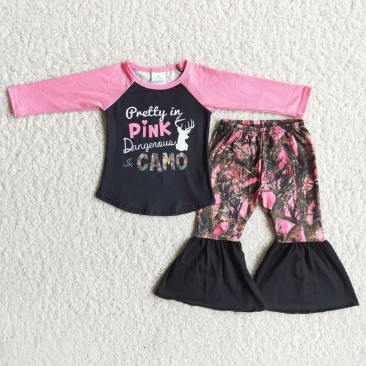 Promotion Baby Girl Pink Long Sleeves Shirt Camo Bell Pants Outfit RTS