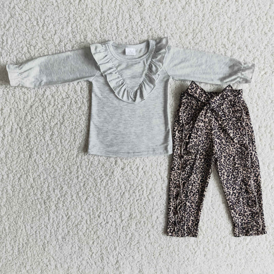 Promotion Baby Girl Ruffle Long Sleeves Grey Cotton Shirt Leopard Pants Outfit