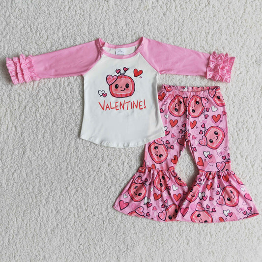 Promotion Baby Girl Valentine's Day Melon Hearts Bell Pants Set RTS