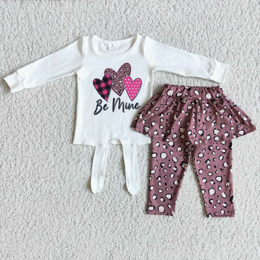 Promotion Baby Girls Kids Long Sleeves Hearts Shirt Leopard Skirt Pants Valentine's Set RTS