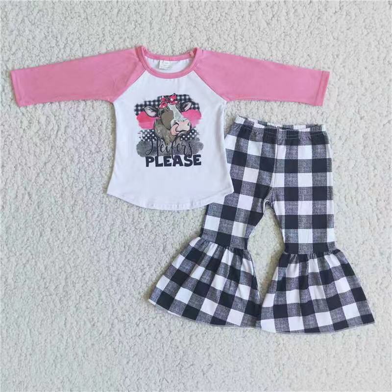 Promotion Baby Girl Grey Cow Plaid Bell Pants Outfit