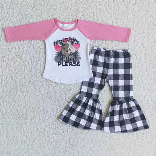 Promotion Baby Girl Grey Cow Plaid Bell Pants Outfit