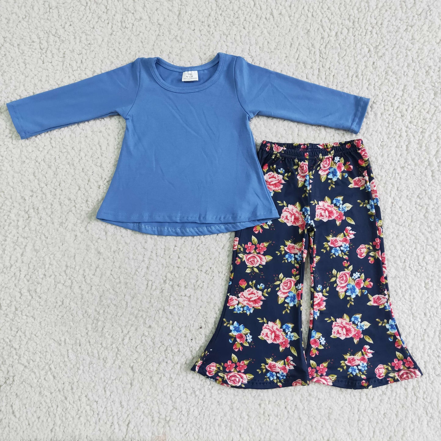 Promotion Baby Girl Christmas Blue Long Sleeves Cotton Tops Floral Pants Outfit