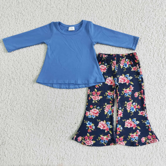 Promotion Baby Girl Christmas Blue Long Sleeves Cotton Tops Floral Pants Outfit