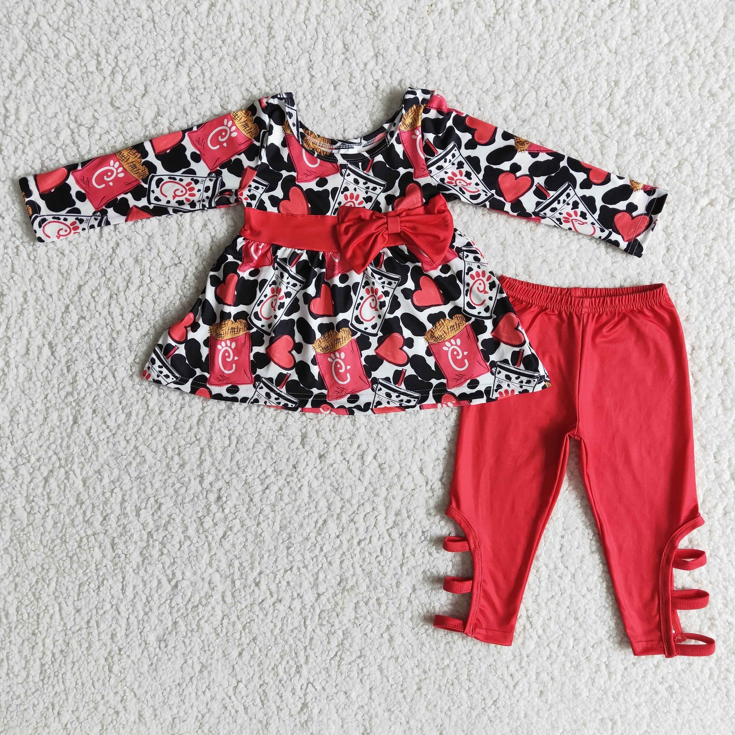 Promotion Baby Girl Long Sleeves Chicken Hearts Tops Red Cotton Pants Outfit
