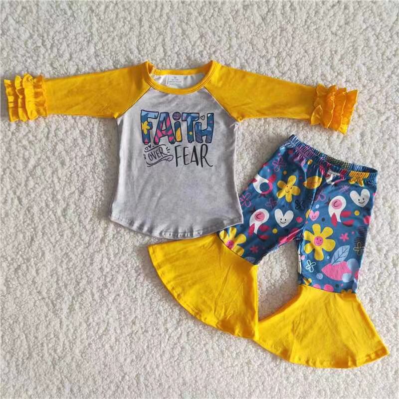 Promotion Baby Girl Long Sleeves Floral Bell Pants Set