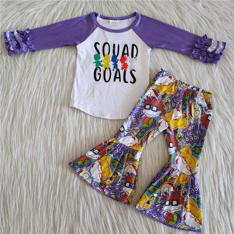 Promotion Baby Girl Purple Long Sleeves Cartoon Pants Outfit
