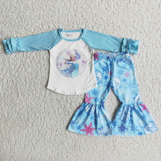 Promotion Baby Girl Blue Long Sleeves Princess Shirt Bell Pants Outfit RTS