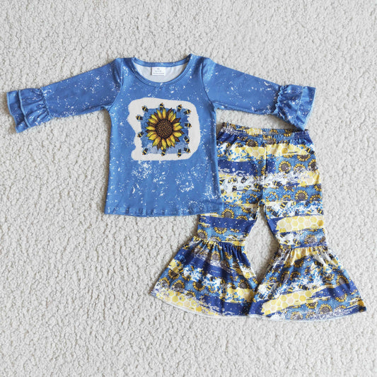 Promotion Baby Girl Long Sleeves Sunflower Bell Pants Outfit