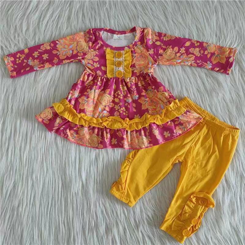 Promotion Baby Girl Long Sleeves Floral Ruffle Tunic Yellow Cotton Pants Outfit