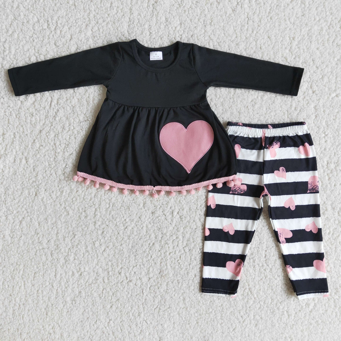 Promotion Baby Girl Kids Embroidery Hearts Black Tops Stripes Pants Valentine's Outfit RTS